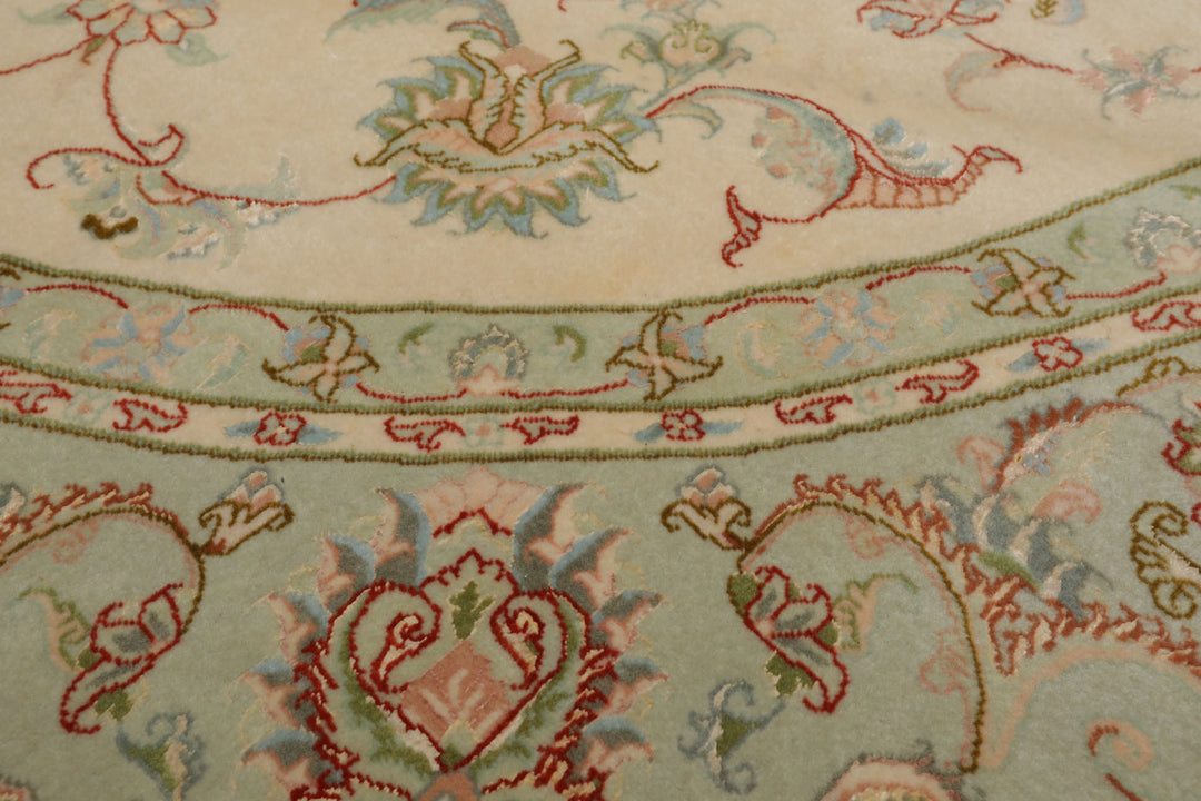 Round Ivory, Mint, Aqua Color Hand Knotted Tabriz Round Wool & Silk Traditional Oriental Rug