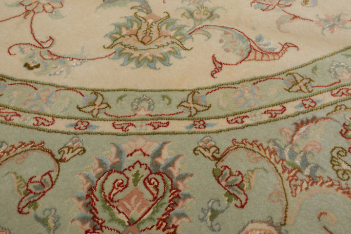 Round Ivory, Mint, Aqua Color Hand Knotted Tabriz Round Wool & Silk Traditional Oriental Rug