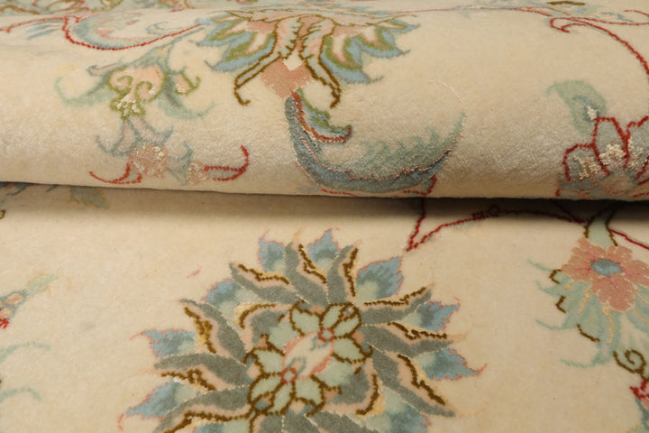 Round Ivory, Mint, Aqua Color Hand Knotted Tabriz Round Wool & Silk Traditional Oriental Rug