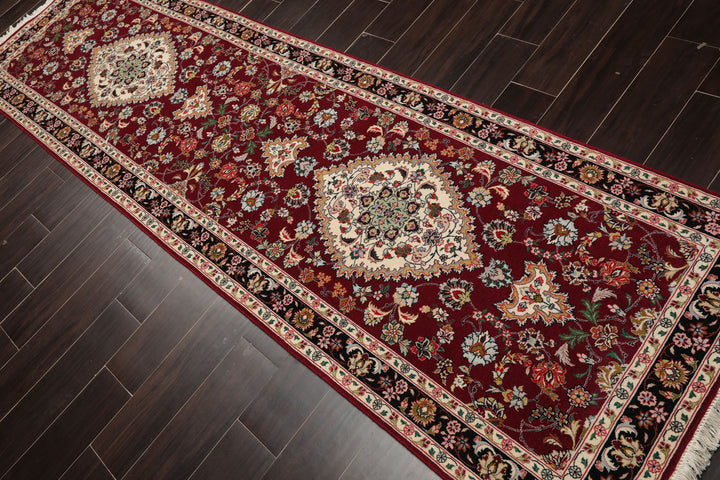 Runner Maroon, Black, Ivory Color Hand Knotted Tabriz Wool & Silk Traditional Oriental Rug