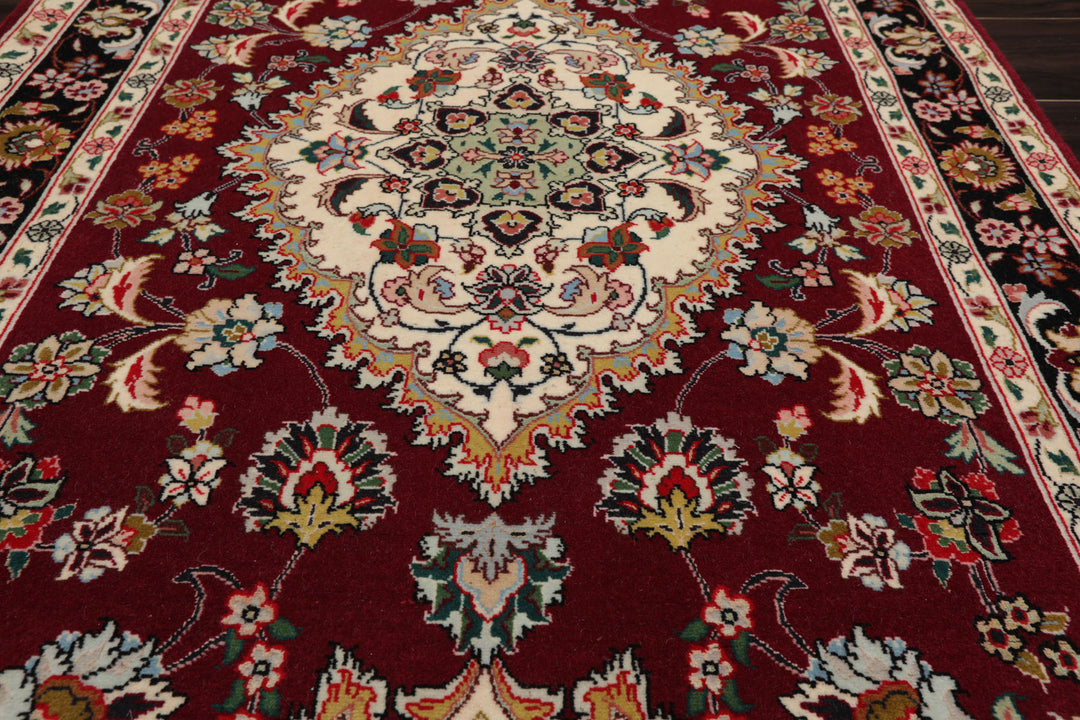 Runner Maroon, Black, Ivory Color Hand Knotted Tabriz Wool & Silk Traditional Oriental Rug