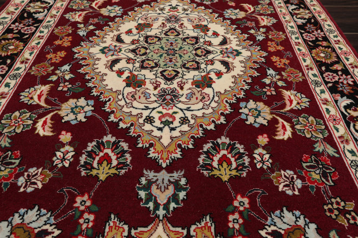 Runner Maroon, Black, Ivory Color Hand Knotted Tabriz Wool & Silk Traditional Oriental Rug