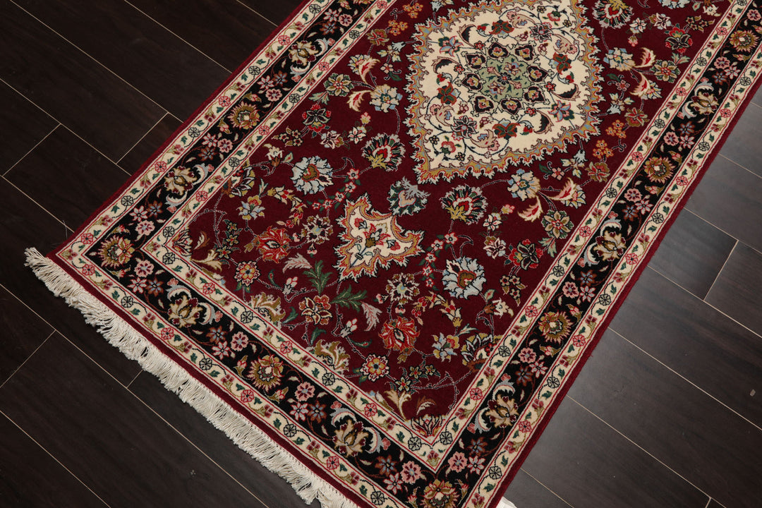 Runner Maroon, Black, Ivory Color Hand Knotted Tabriz Wool & Silk Traditional Oriental Rug