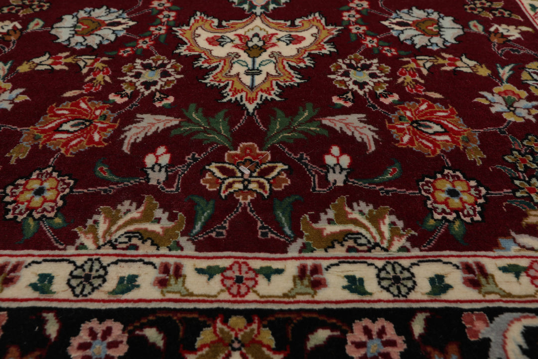 Runner Maroon, Black, Ivory Color Hand Knotted Tabriz Wool & Silk Traditional Oriental Rug