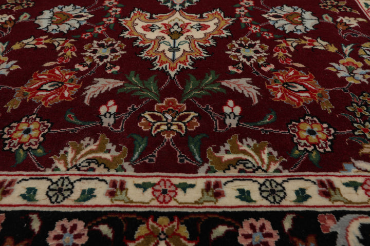 Runner Maroon, Black, Ivory Color Hand Knotted Tabriz Wool & Silk Traditional Oriental Rug