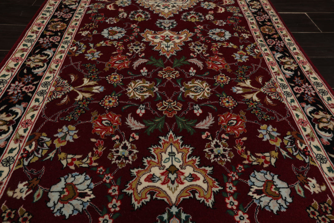 Runner Maroon, Black, Ivory Color Hand Knotted Tabriz Wool & Silk Traditional Oriental Rug