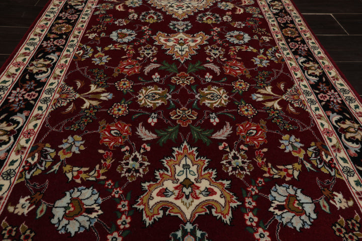 Runner Maroon, Black, Ivory Color Hand Knotted Tabriz Wool & Silk Traditional Oriental Rug