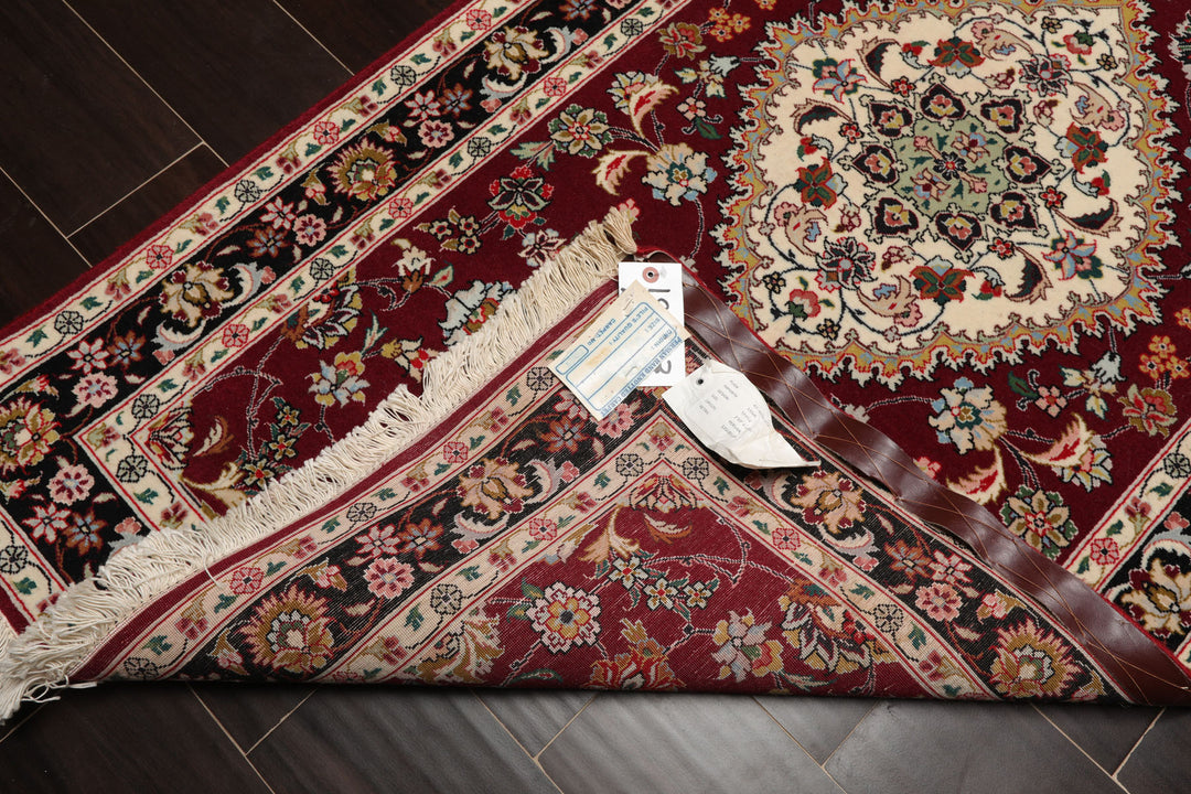 Runner Maroon, Black, Ivory Color Hand Knotted Tabriz Wool & Silk Traditional Oriental Rug
