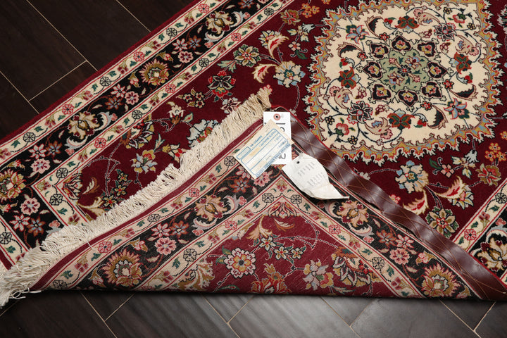 Runner Maroon, Black, Ivory Color Hand Knotted Tabriz Wool & Silk Traditional Oriental Rug