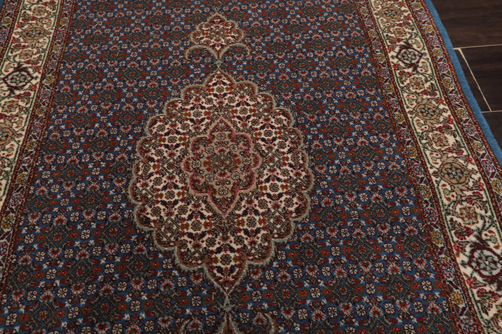 Runner Blue, Ivory, Brown Color Hand Knotted Tabriz Wool & Silk Traditional Oriental Rug