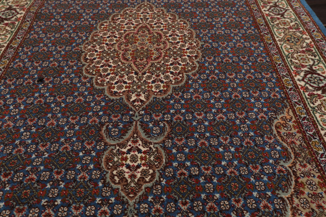Runner Blue, Ivory, Brown Color Hand Knotted Tabriz Wool & Silk Traditional Oriental Rug