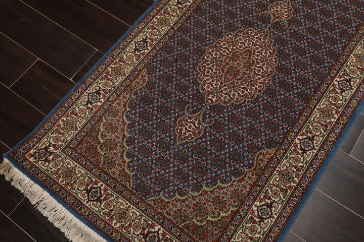 Runner Blue, Ivory, Brown Color Hand Knotted Tabriz Wool & Silk Traditional Oriental Rug