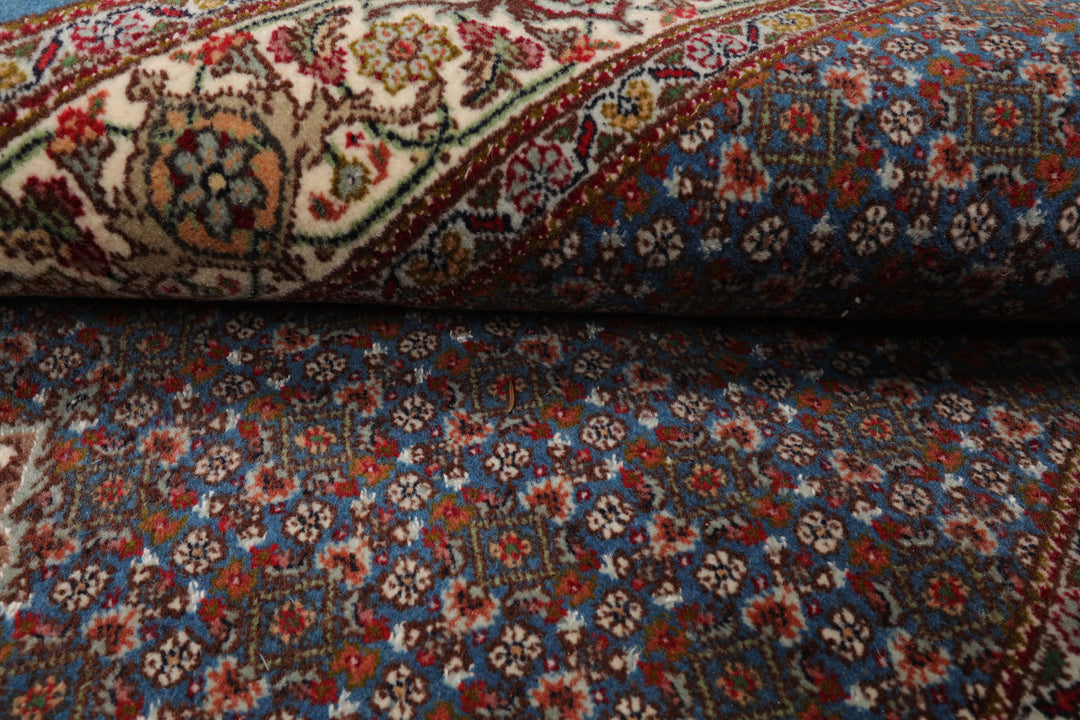 Runner Blue, Ivory, Brown Color Hand Knotted Tabriz Wool & Silk Traditional Oriental Rug