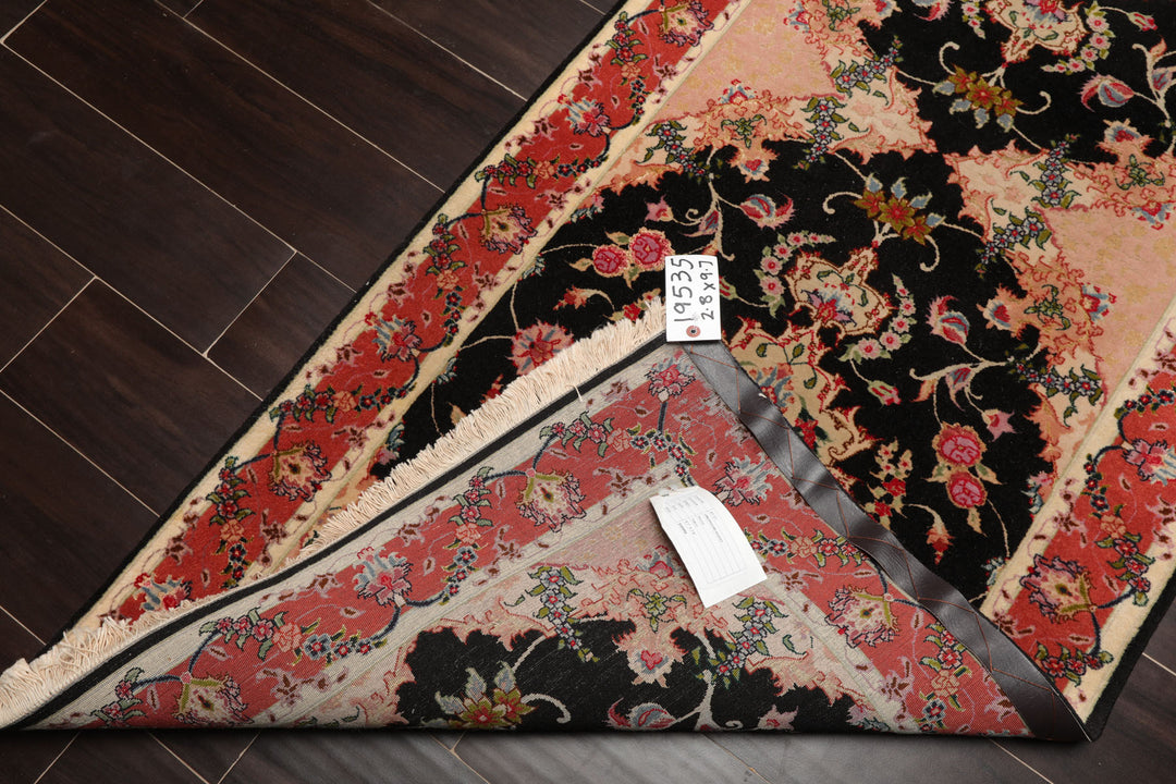 Runner Black, Peach, Coral Color Hand Knotted Tabriz Wool & Silk Traditional Oriental Rug