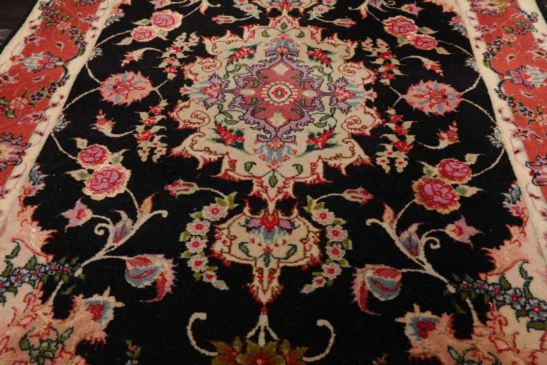 Runner Black, Peach, Coral Color Hand Knotted Tabriz Wool & Silk Traditional Oriental Rug