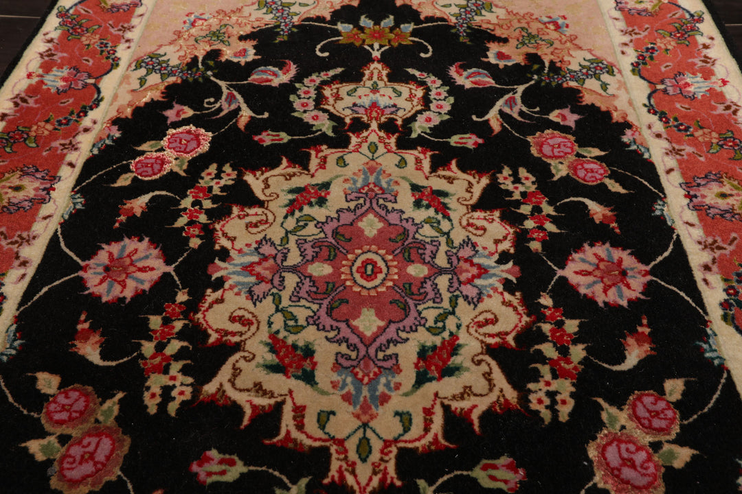 Runner Black, Peach, Coral Color Hand Knotted Tabriz Wool & Silk Traditional Oriental Rug