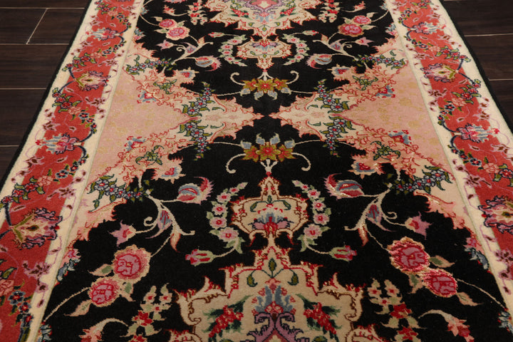 Runner Black, Peach, Coral Color Hand Knotted Tabriz Wool & Silk Traditional Oriental Rug