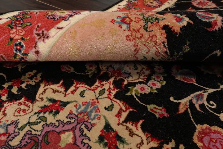 Runner Black, Peach, Coral Color Hand Knotted Tabriz Wool & Silk Traditional Oriental Rug