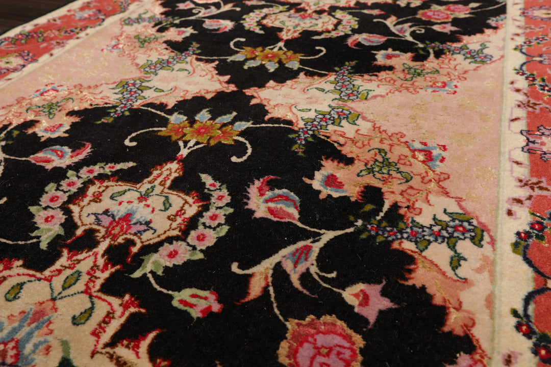 Runner Black, Peach, Coral Color Hand Knotted Tabriz Wool & Silk Traditional Oriental Rug