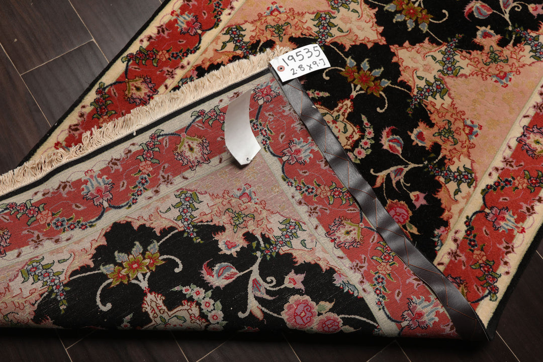 Runner Black, Peach, Coral Color Hand Knotted Tabriz Wool & Silk Traditional Oriental Rug