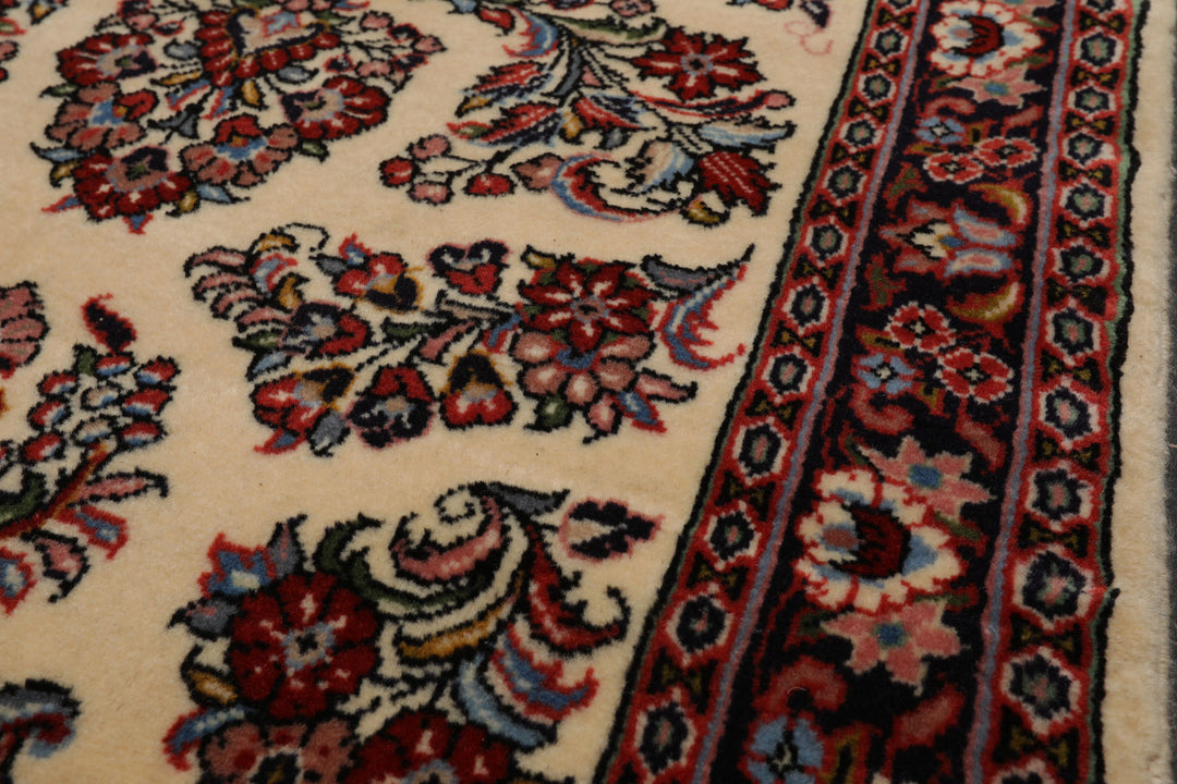 Runner Ivory, Black, Rust Color Hand Knotted Sarouk Wool Traditional Oriental Rug