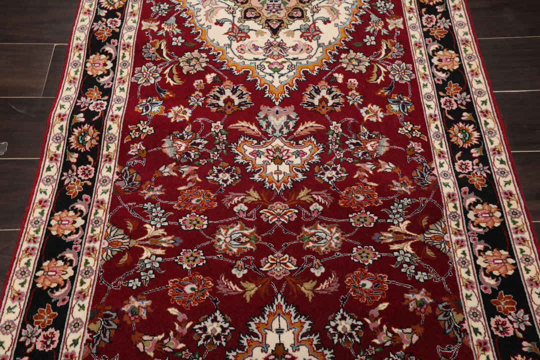 Runner Burgundy, Black, Ivory Color Hand Knotted Tabriz Wool & Silk Traditional Oriental Rug