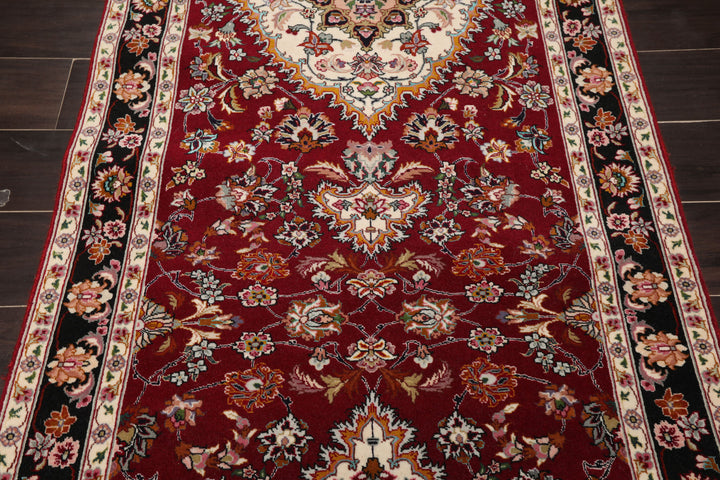 Runner Burgundy, Black, Ivory Color Hand Knotted Tabriz Wool & Silk Traditional Oriental Rug