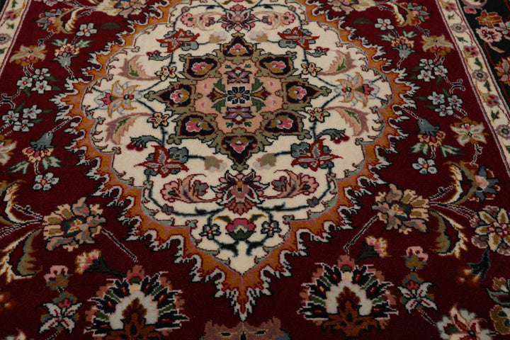 Runner Burgundy, Black, Ivory Color Hand Knotted Tabriz Wool & Silk Traditional Oriental Rug