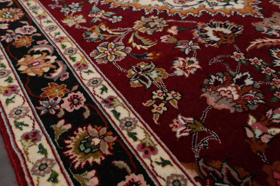 Runner Burgundy, Black, Ivory Color Hand Knotted Tabriz Wool & Silk Traditional Oriental Rug
