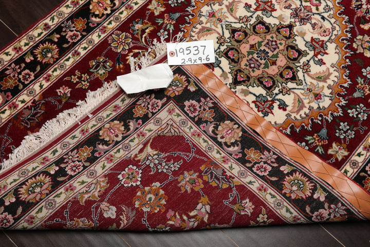 Runner Burgundy, Black, Ivory Color Hand Knotted Tabriz Wool & Silk Traditional Oriental Rug