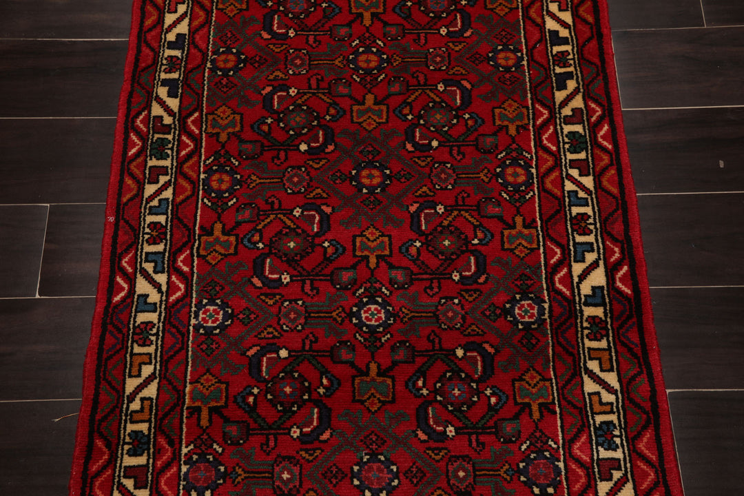 Runner Red, Ivory, Green Color Hand Knotted Hamedan Wool Traditional Oriental Rug