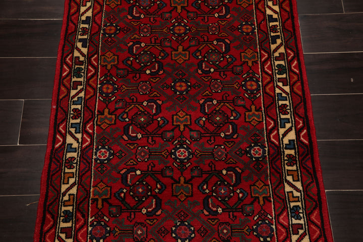 Runner Red, Ivory, Green Color Hand Knotted Hamedan Wool Traditional Oriental Rug