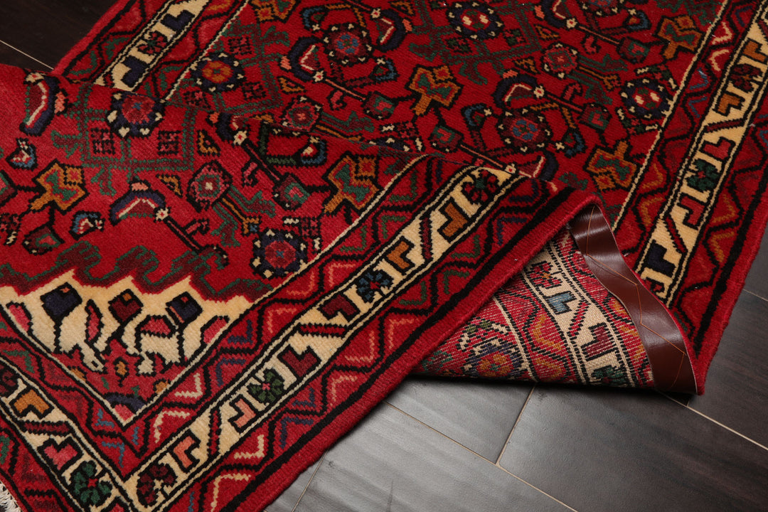 Runner Red, Ivory, Green Color Hand Knotted Hamedan Wool Traditional Oriental Rug