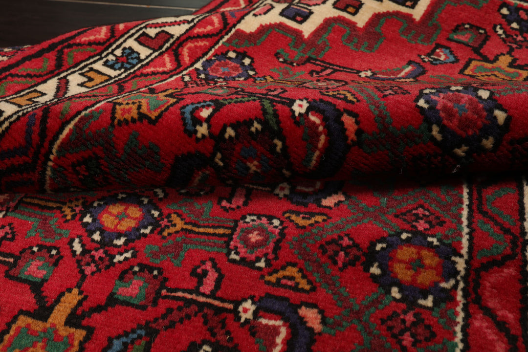 Runner Red, Ivory, Green Color Hand Knotted Hamedan Wool Traditional Oriental Rug