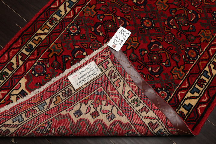 Runner Red, Ivory, Green Color Hand Knotted Hamedan Wool Traditional Oriental Rug