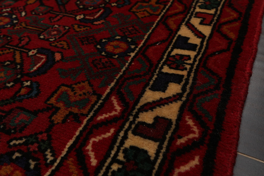 Runner Red, Ivory, Green Color Hand Knotted Hamedan Wool Traditional Oriental Rug