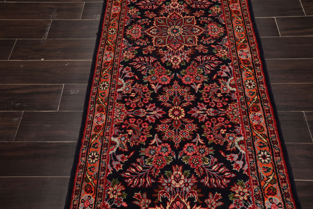Runner Navy, Orange, Ivory Color Hand Knotted Hamedan Wool Traditional Oriental Rug