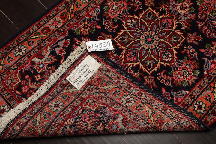 Runner Navy, Orange, Ivory Color Hand Knotted Hamedan Wool Traditional Oriental Rug