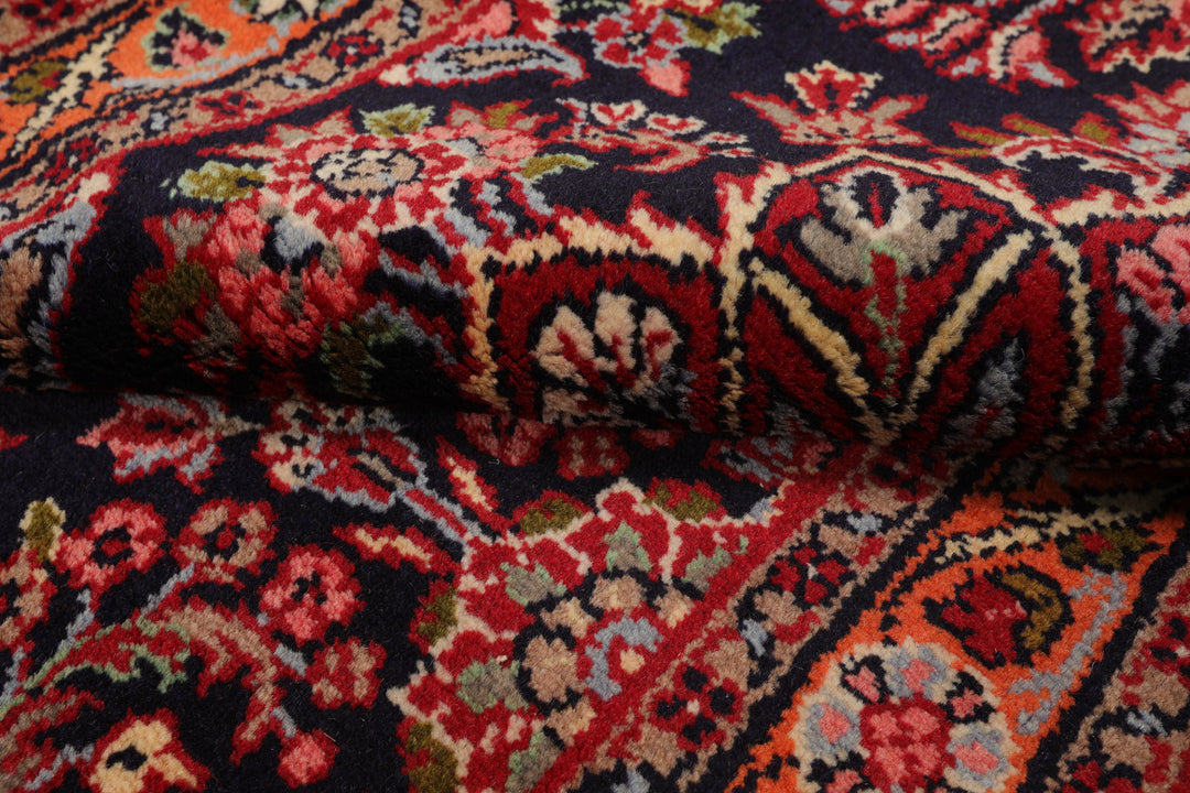 Runner Navy, Orange, Ivory Color Hand Knotted Hamedan Wool Traditional Oriental Rug