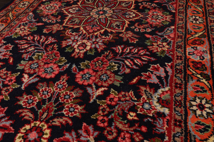 Runner Navy, Orange, Ivory Color Hand Knotted Hamedan Wool Traditional Oriental Rug