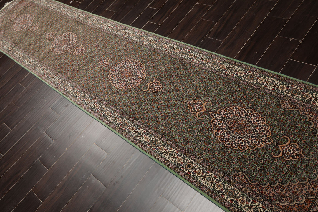 Runner Green, Ivory, Taupe Color Hand Knotted Tabriz Wool & Silk Traditional Oriental Rug