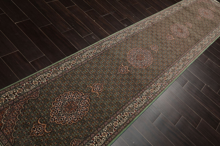 Runner Green, Ivory, Taupe Color Hand Knotted Tabriz Wool & Silk Traditional Oriental Rug