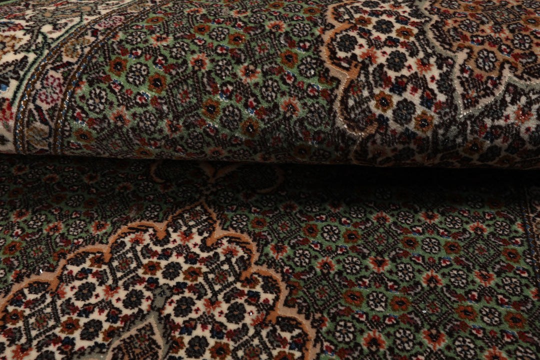 Runner Green, Ivory, Taupe Color Hand Knotted Tabriz Wool & Silk Traditional Oriental Rug