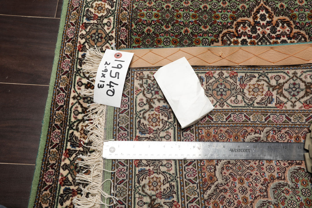 Runner Green, Ivory, Taupe Color Hand Knotted Tabriz Wool & Silk Traditional Oriental Rug