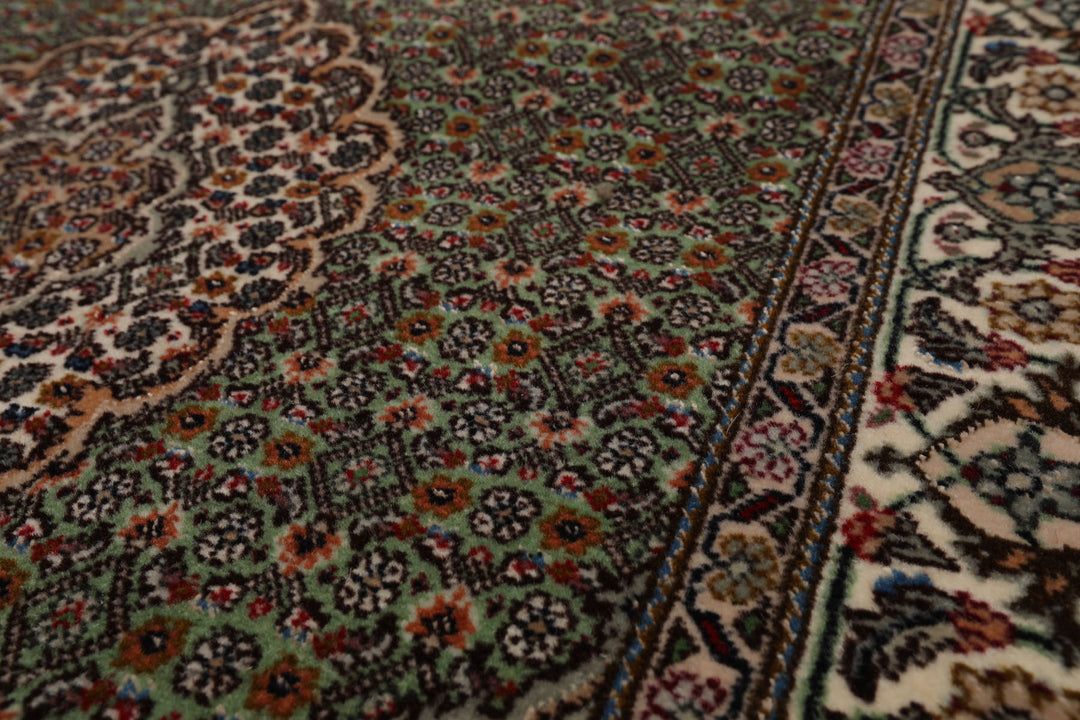 Runner Green, Ivory, Taupe Color Hand Knotted Tabriz Wool & Silk Traditional Oriental Rug