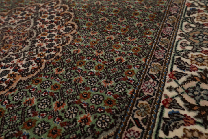 Runner Green, Ivory, Taupe Color Hand Knotted Tabriz Wool & Silk Traditional Oriental Rug