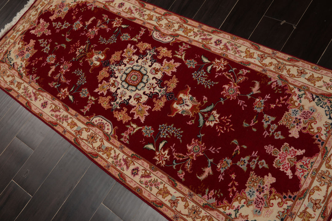 Runner Fuschia, Ivory, Pink Color Hand Knotted Tabriz Wool & Silk Traditional Oriental Rug