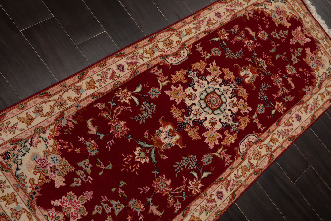 Runner Fuschia, Ivory, Pink Color Hand Knotted Tabriz Wool & Silk Traditional Oriental Rug