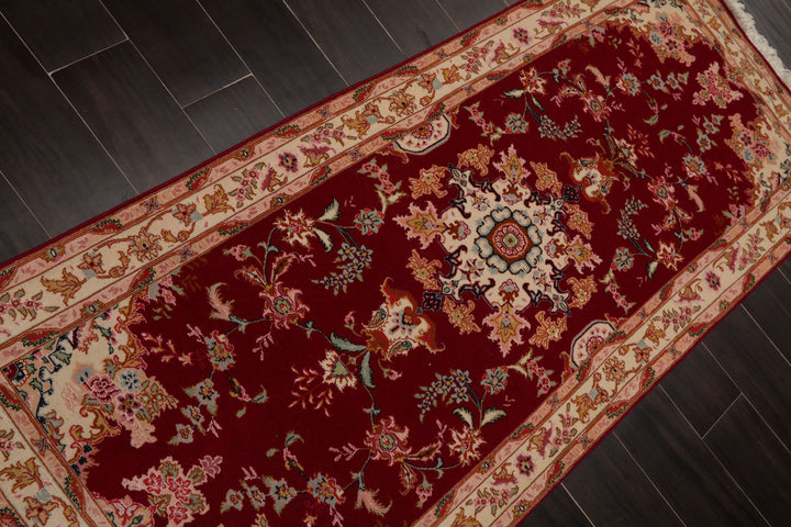 Runner Fuschia, Ivory, Pink Color Hand Knotted Tabriz Wool & Silk Traditional Oriental Rug