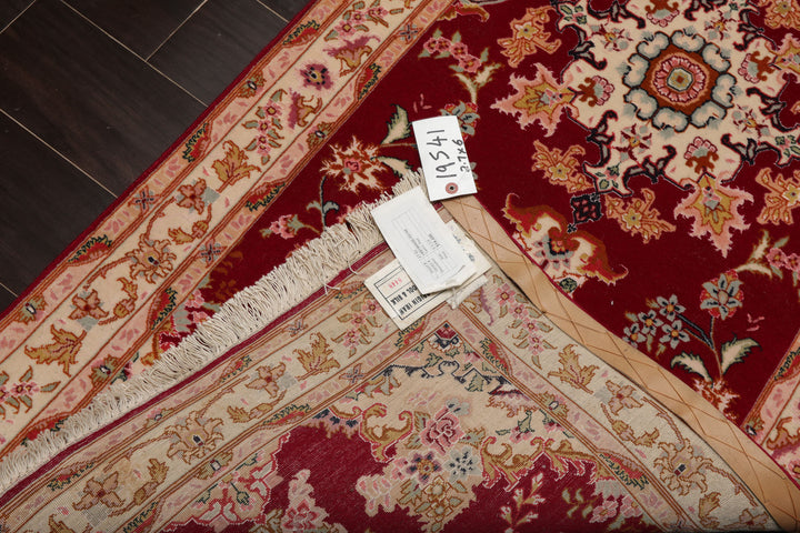 Runner Fuschia, Ivory, Pink Color Hand Knotted Tabriz Wool & Silk Traditional Oriental Rug